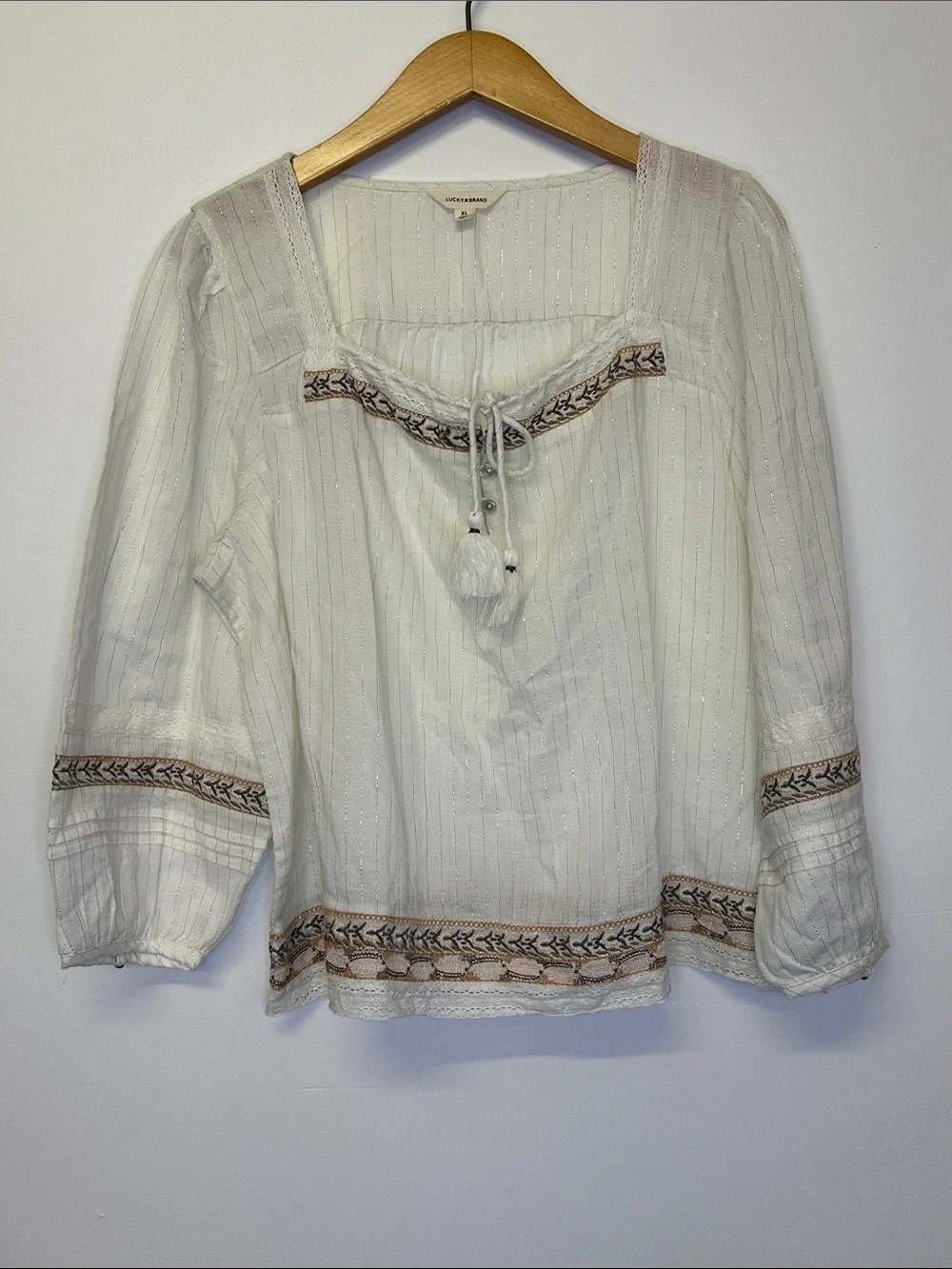 Lucky Brand Metallic Stripe Embroidered Cotton Peasant Top - Picture 1 of 6